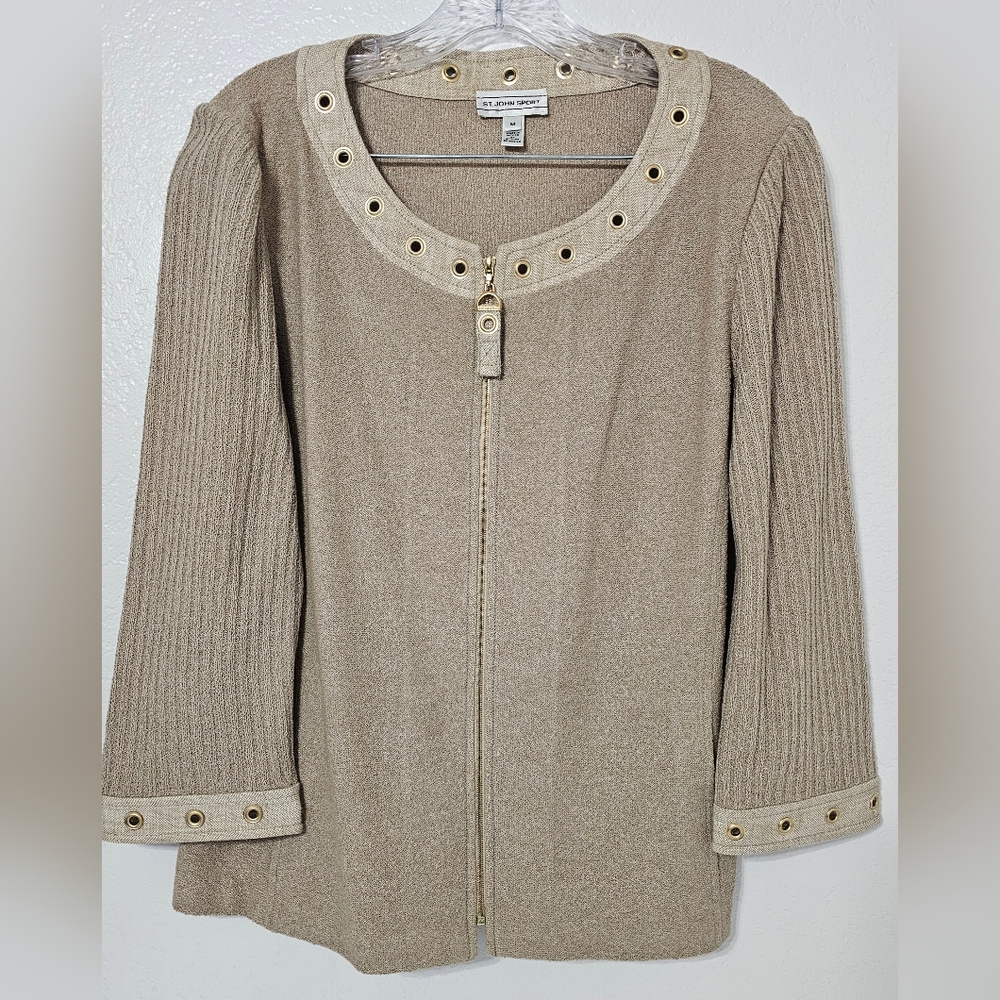 St. John Sport Tan Zip Front Jacket Gold Grommet Trim Knit Blazer Medium